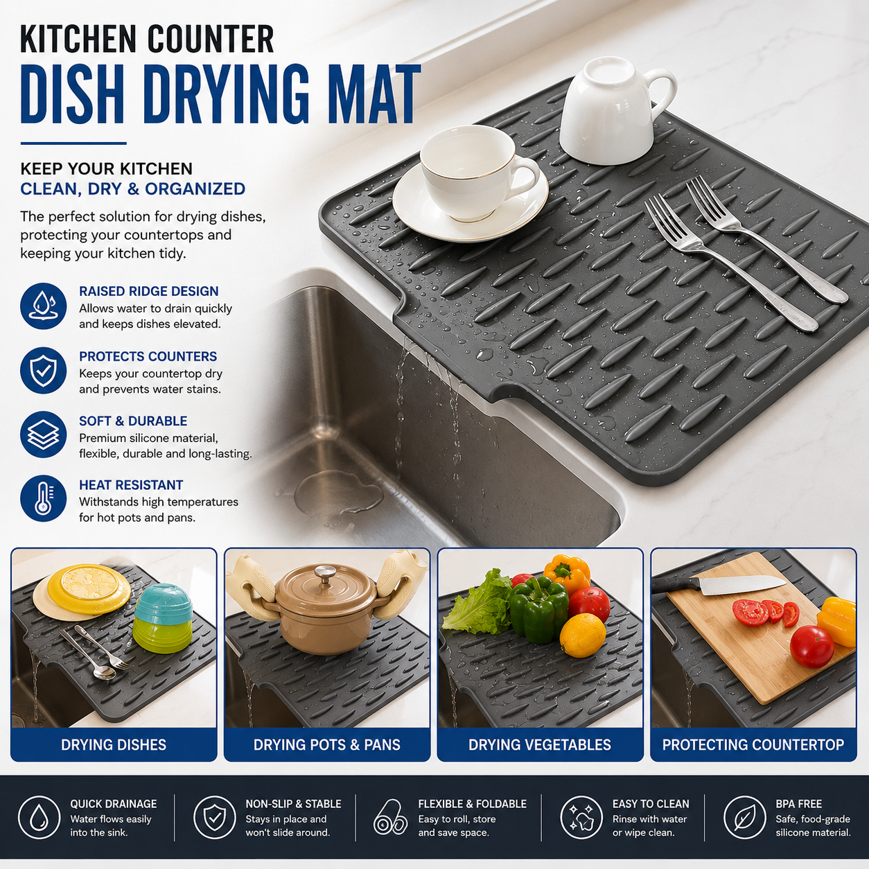 Kitchen Counter Dish Drying Mat