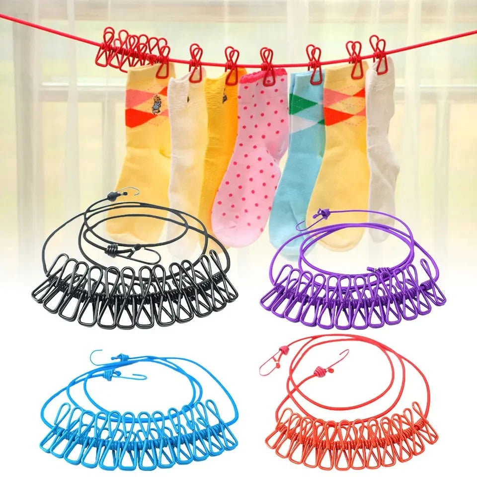 Clothes Drying Rope With Clips & Hooks